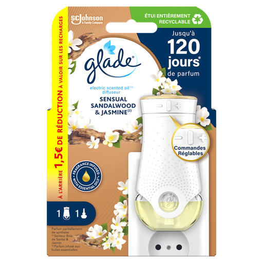 [5000204117462] GLADE Désodorisant Diffuseur Électrique Bois de Santal et Jasmin 1 Diffuseur + 1 Recharge 20 ml