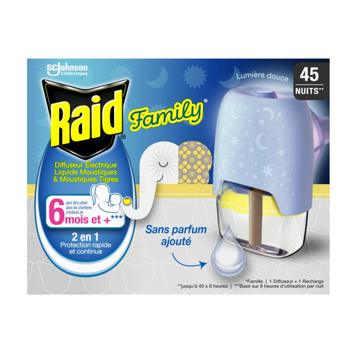 [5000204190083] RAID Family electric diffuser against mosquitoes and tiger mosquitoes 45 nights 1 diffuser + 1 refill