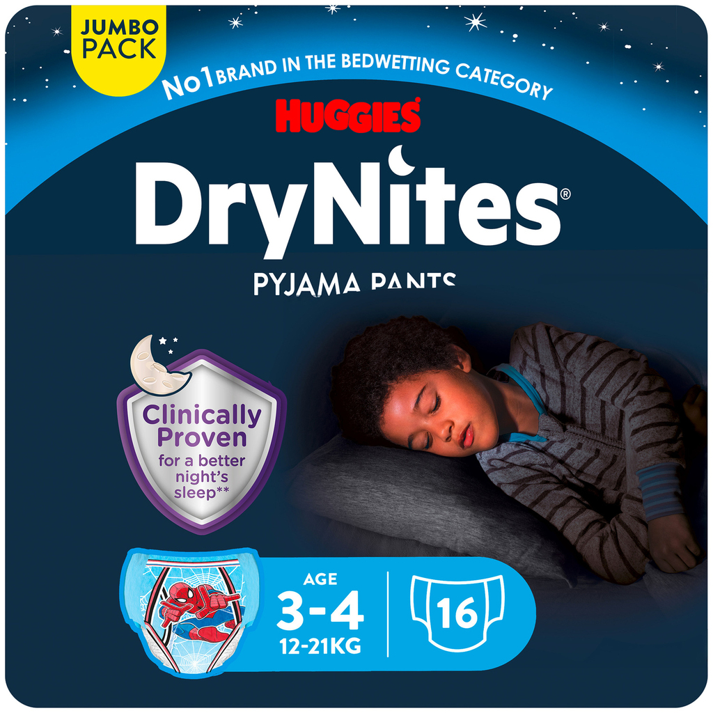 HUGGIES DryNites absorbent night pants for boys 3-4 years, pack of 16