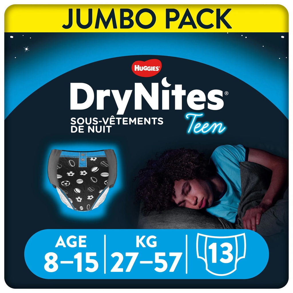HUGGIES DryNites Ropa interior nocturna niño 8-15 años 27-57 kg, paquete de 13 pañales
