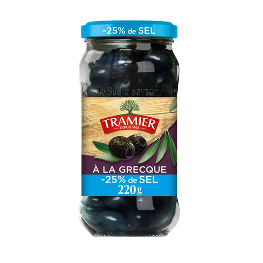 [3017239004829] TRAMIER Olives noires à la grecque dénoyautées -25% sel 220 g