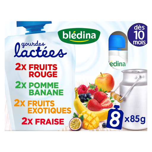 [5900852045578] BLEDINA Sobremesa láctea para bebé Frutos Vermelhos Maçã Banana Frutos Exóticos 8 x 85 g
