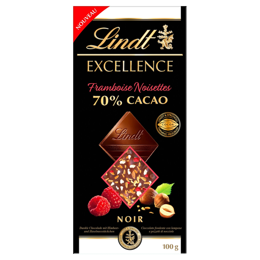 [7610400090957] LINDT Dark Chocolate 70% Cocoa Raspberry Hazelnuts EXCELLENCE 100 g