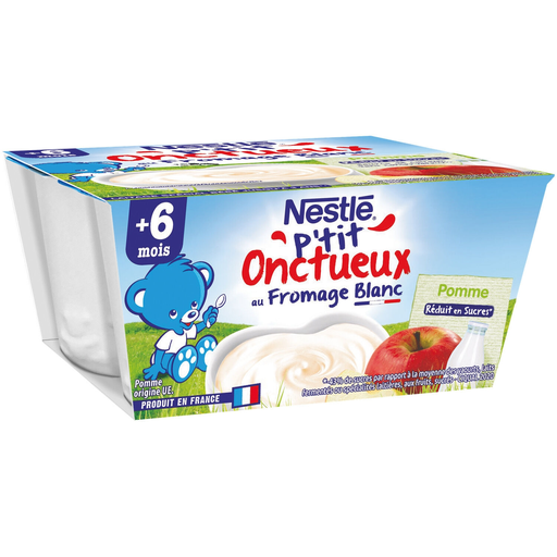 [7613031518227] P'TIT Sobremesa para bebé a partir dos 6 meses, com queijo fresco maçã NESTLE ONCTUEUX 4 boiões de 100 g