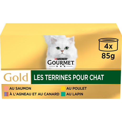 [7613032959425] GOURMET Gold Cat Food Terrines rabbit lamb duck chicken salmon 4x85g