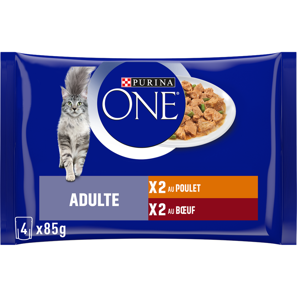 Purina One Pâtée Pour Chat Adulte Emincés En Sauce Poulet Boeuf 4X85G