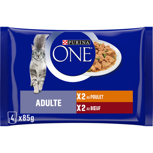 [7613034452214] PURINA ONE Adult Cat Chicken, Beef 4 freshness pouches 340 g