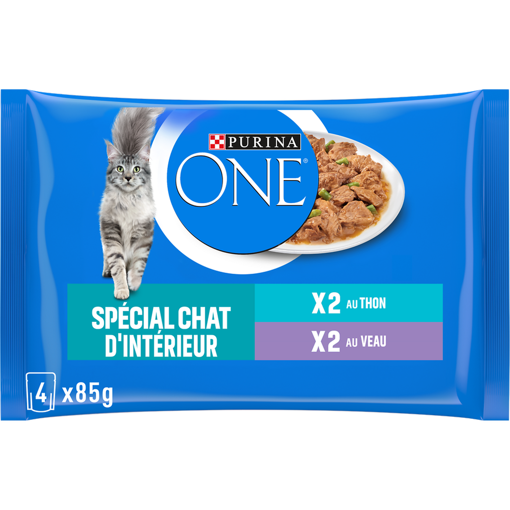 PURINA ONE Indoor Cat Wet Food Tuna and Veal Shreds 4 x 85 g