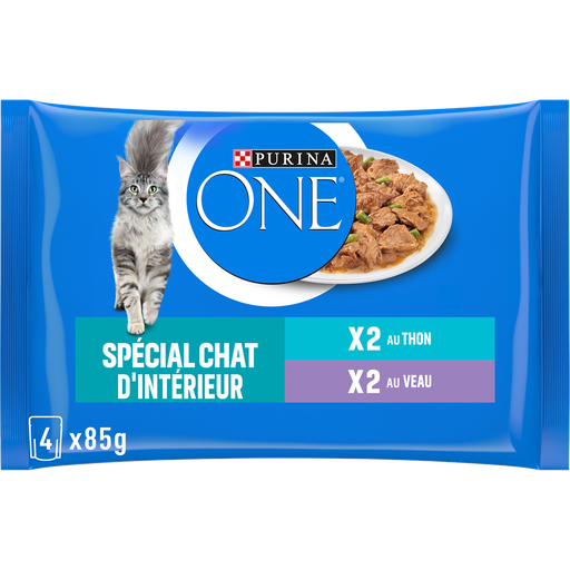 [7613034453907] PURINA ONE Indoor Cat Wet Food Tuna and Veal Shreds 4 x 85 g