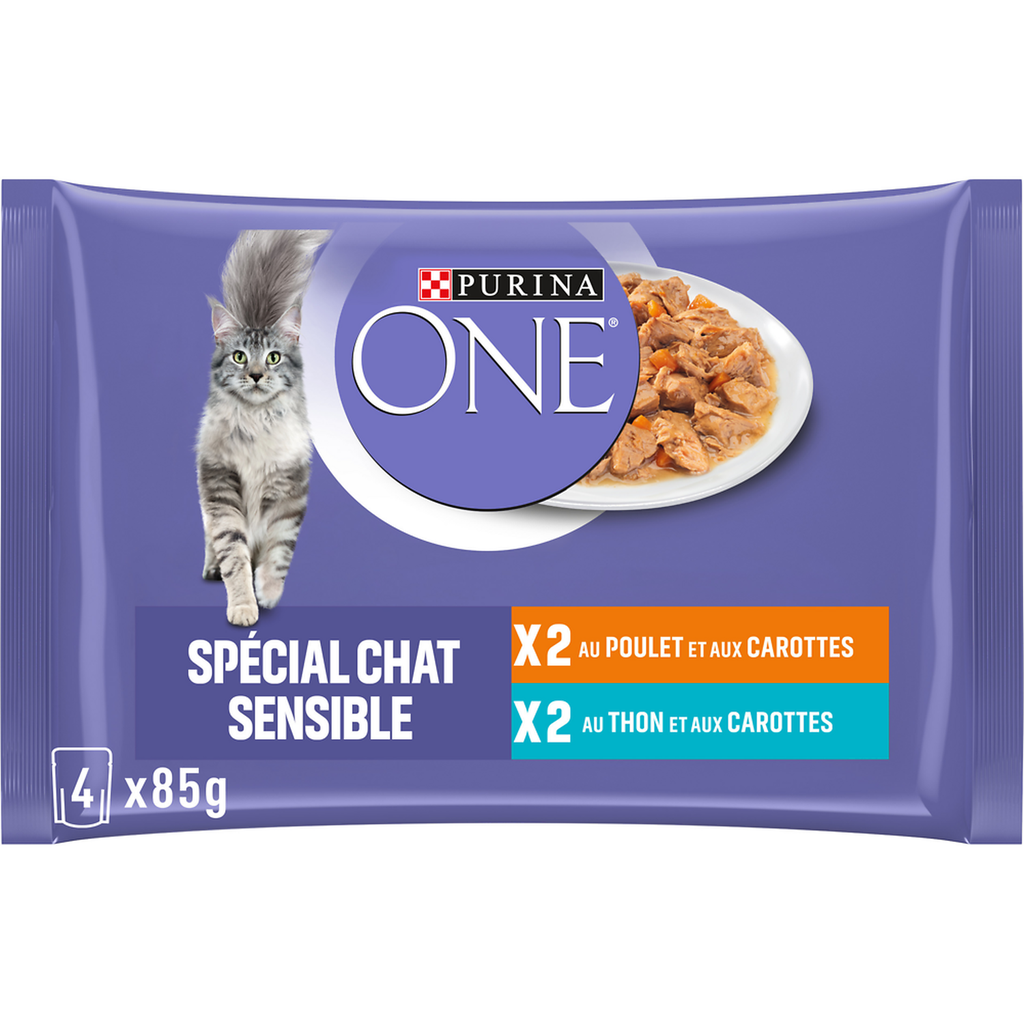 Purina One Pâtée Pour Chat Adulte Sensible Poulet Thon Légume 4X85G