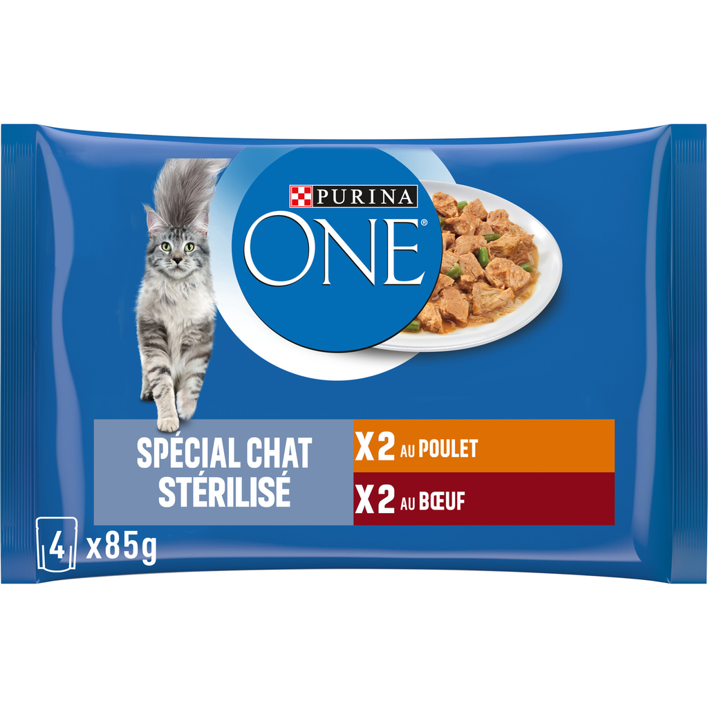 PURINA ONE Wet Cat Food Sterilised Chicken and Beef Shreds 4 x 85 g