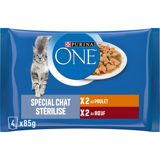[7613034940377] PURINA ONE Comida Húmida para Gato Esterilizado Tiras em Molho Frango e Vaca 4 x 85 g