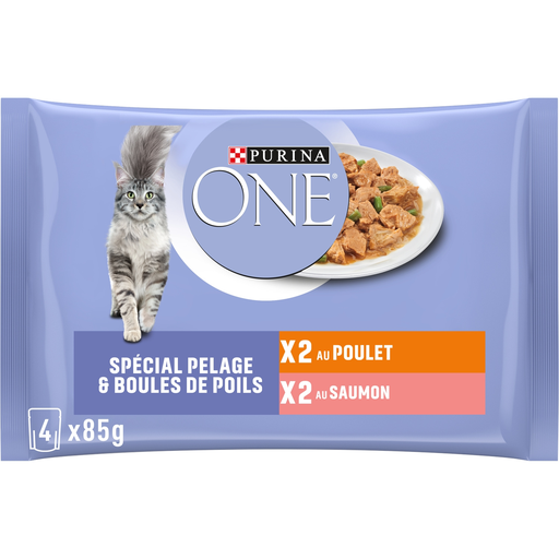 [7613035867642] PURINA ONE Comida Húmeda Gato Adulto Pelaje y Bolas de Pelo Pollo Salmón 340g