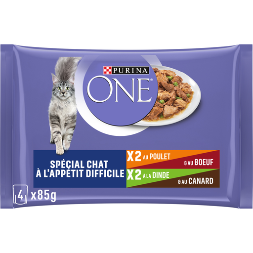 [7613037681758] PURINA ONE Cat food for picky eaters chicken beef and turkey duck shreds in gravy 4 pouches of 85 g
