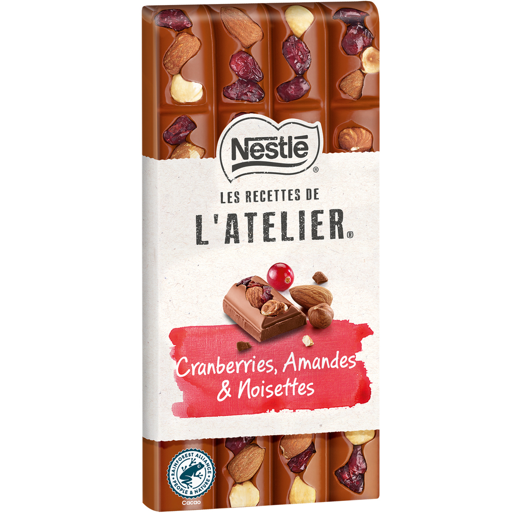 NESTLE LES RECETTES DE L'ATELIER Milk chocolate bar with cranberries almonds and hazelnuts 170 g