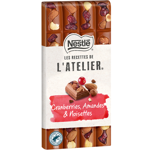 [7613037984866] NESTLE LES RECETTES DE L'ATELIER Milk chocolate bar with cranberries almonds and hazelnuts 170 g