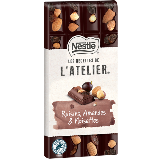 [7613037986938] NESTLE LES RECETTES DE L'ATELIER Tablete de chocolate negro passas amêndoas e avelãs 170 g