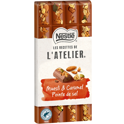 [7613038007694] NESTLE Les Recettes de l'Atelier Milk chocolate bar muesli and salted caramel 170 g