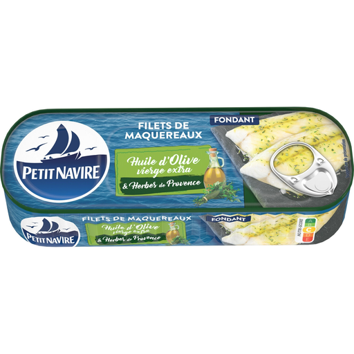 [3019081241605] PETIT NAVIRE Skinless mackerel fillets MSC olive oil & herbs of Provence 145 g