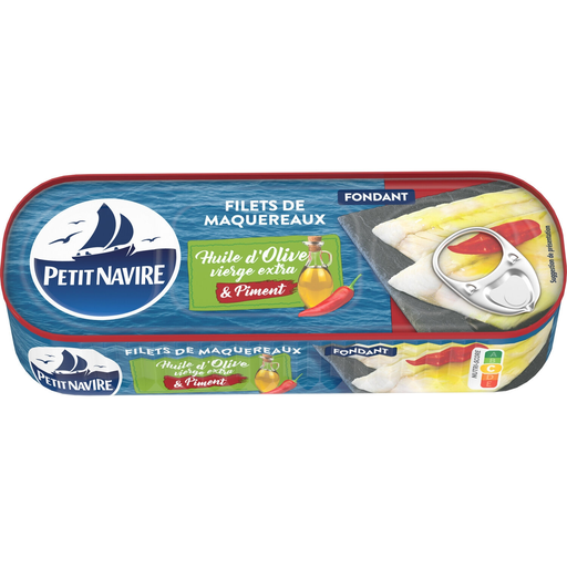 [3019082000386] PETIT NAVIRE Mackerel fillets in extra virgin olive oil and chili 145 g