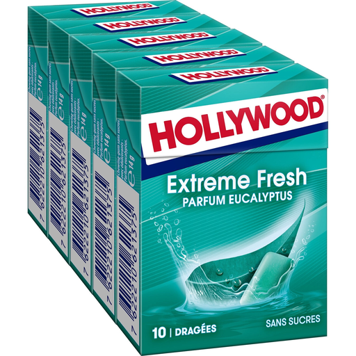 [7622210636348] HOLLYWOOD Pastilha elástica fresh sabor eucalipto, lote de 5 caixas de 10 pastilhas
