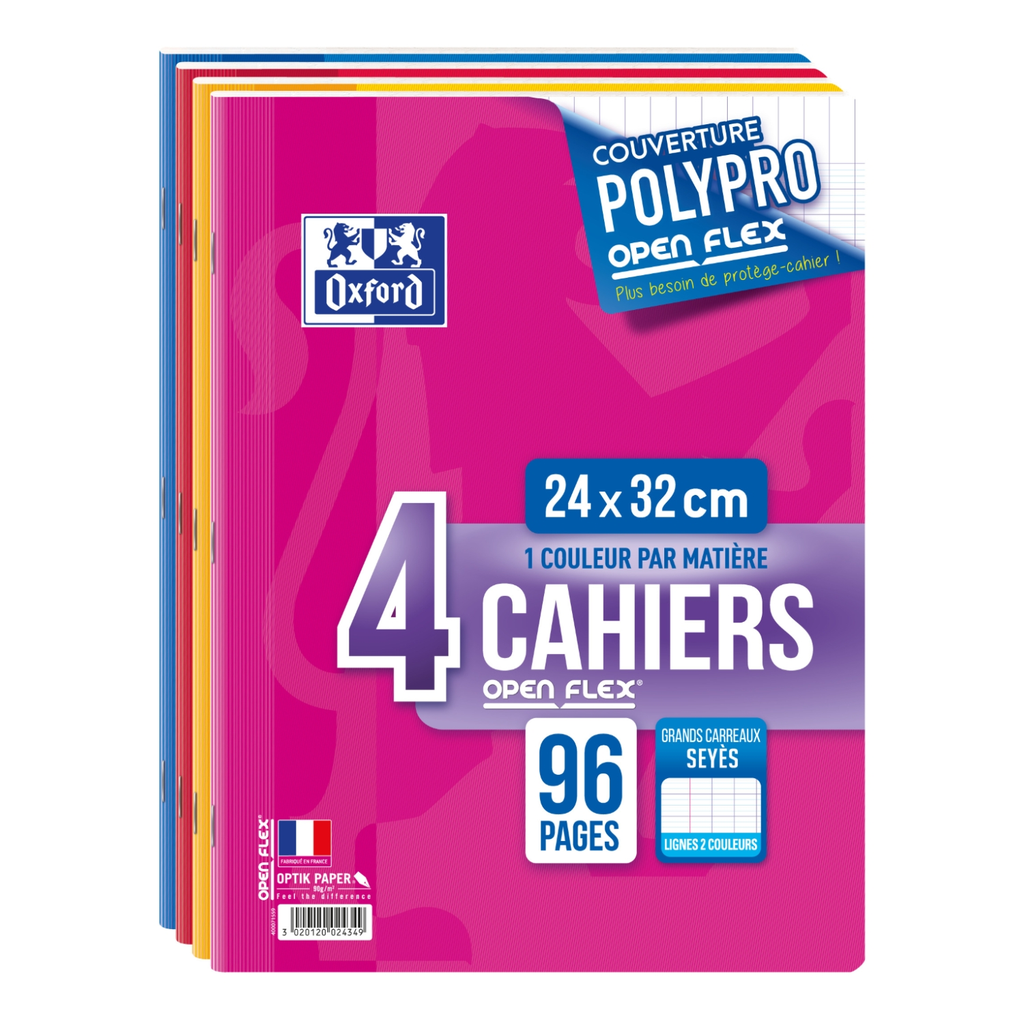 OXFORD Openflex polypropylene stapled notebook 24x32cm 96 pages seyès 90g - Pack of 4