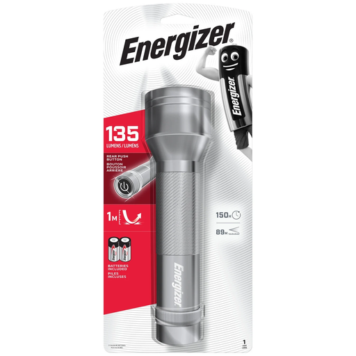 [7638900368215] ENERGIZER Metal LED Hand Torch 135 lumens + 2 D Batteries 513g