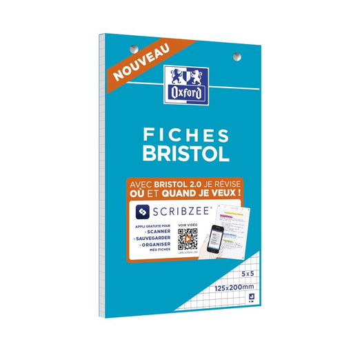 [3020120120553] OXFORD Pack Of 30 Perforated Bristol Index Cards 2.0 125X200mm White