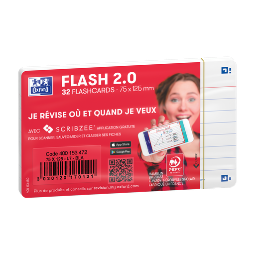 [3020120170121] OXFORD 32 flashcards FLASH 2.0 7.5 x 12.5cm Lined WHITE 32-card pad