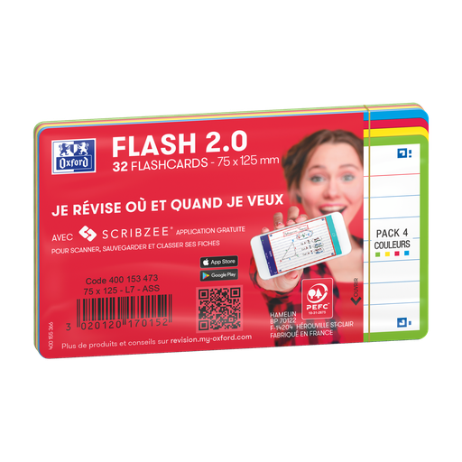 [3020120170152] OXFORD 32 flashcards FLASH 2.0 7.5 x 12.5cm Ruled 4 ASSORTED frame COLORS Non-perforated pack of 32 cards
