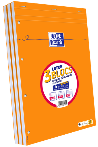 [3020121070994] OXFORD Perforated Notepad Orange A4+ Seyès Ruled 80 Sheets Stapled Cover set of 3