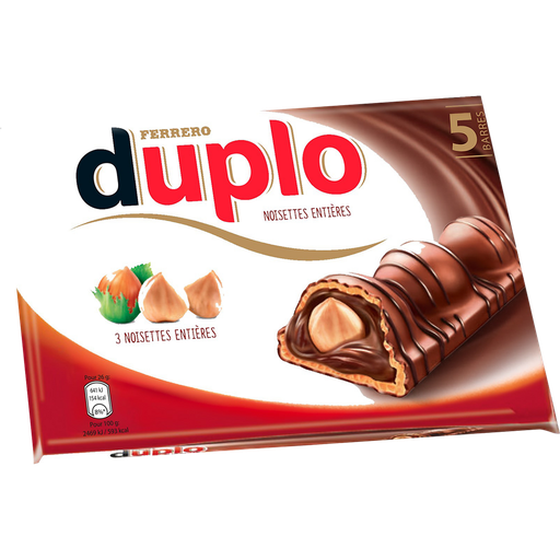 [8000500022634] DUPLO Finas bolachas wafer cobertas de chocolate recheadas com avelãs inteiras 5 peças 26g