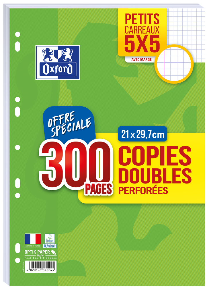OXFORD Feuilles Copies Doubles 300 pages Petits carreaux 5x5 90 g