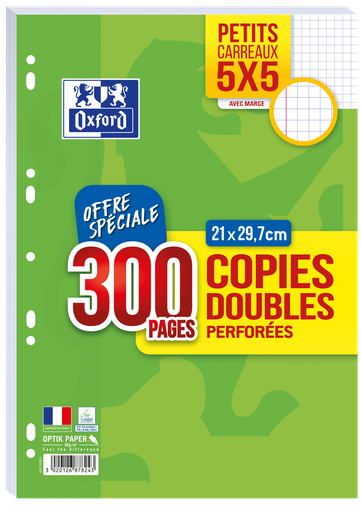 [3020126878243] OXFORD Feuilles Copies Doubles 300 pages Petits carreaux 5x5 90 g
