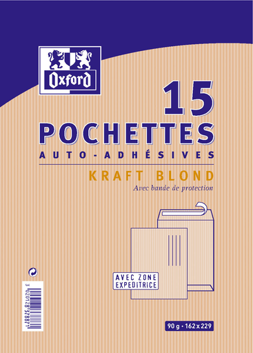 [3020128378871] OXFORD 15 Self-Adhesive Envelopes 16.2x22.9cm Blonde Kraft Paper 90g