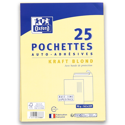 [3020128378888] OXFORD 25 Envelopes Autoadesivos Papel Kraft Louro 16,2x22,9cm