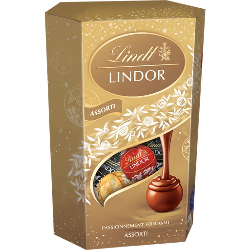 [8003340097275] LINDT Cornet de boules assortiment chocolat lait, noir, blanc LINDOR 200 g