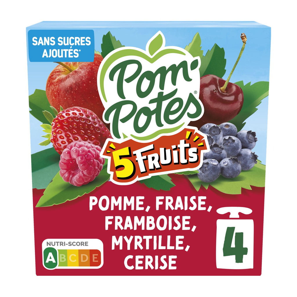 POM'POTES Compota 5 frutas rojas manzana, cereza, fresa, frambuesa, arándano 4 x 90 g