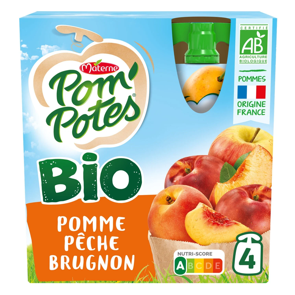 POM'POTES Gourdes compote de pomme pêche brugnon sans sucres ajoutés bio 4 pots de 90 g