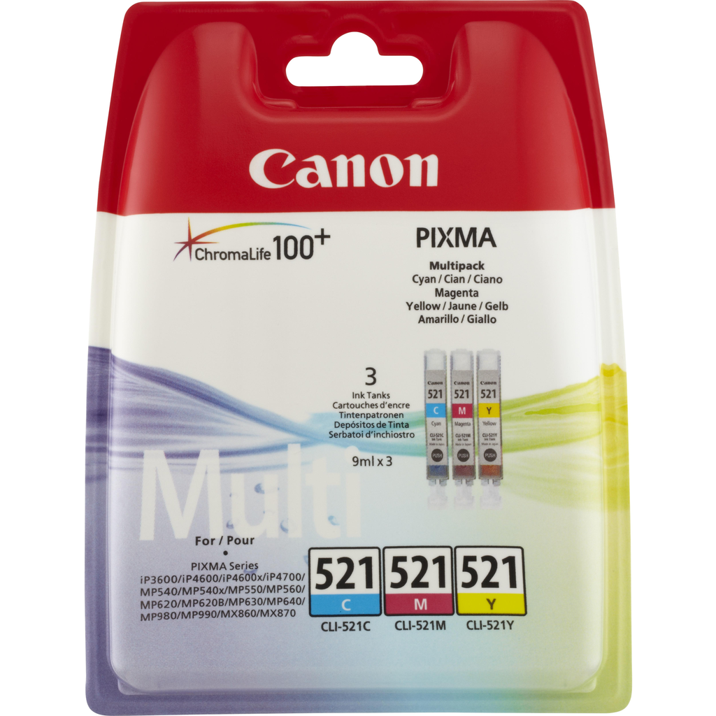 CANON Cartucho de tinta CLI-521 C/M/Y Multipack Cian, Magenta, Amarillo 9 ml