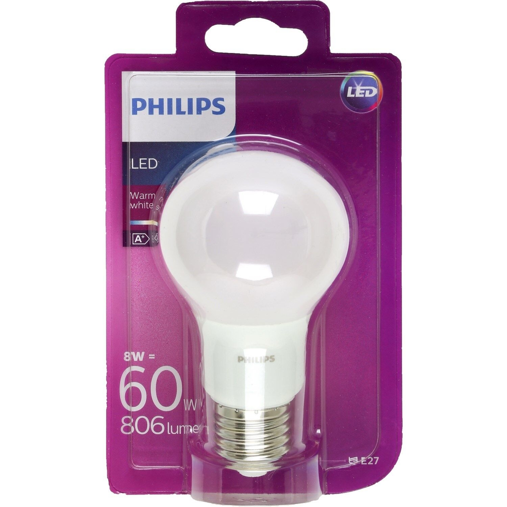 PHILIPS Bombilla Led E27 Estándar Blanco Cálido 60W la unidad