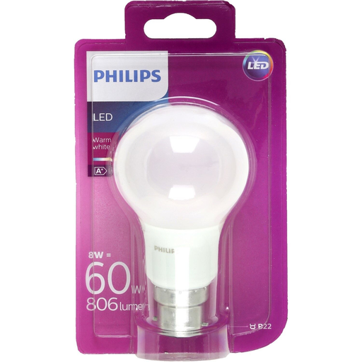 [8718696577158] PHILIPS Ampoule Led B22 Standard Blanc Chaud 8W (équivalent 60W) - l'unité