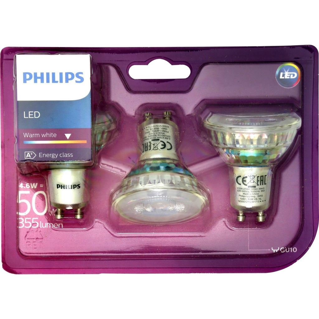 PHILIPS Foco LED 4,6W GU10 220-240V, las 3 bombillas
