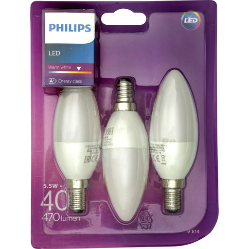 [8718696646120] PHILIPS LED Candle Bulb E14 Warm White 5W 3-pack