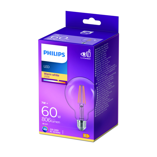 [8718696742457] PHILIPS Ampoule LED GLOBE 60W E27 Verre Blanc Chaud l'unité