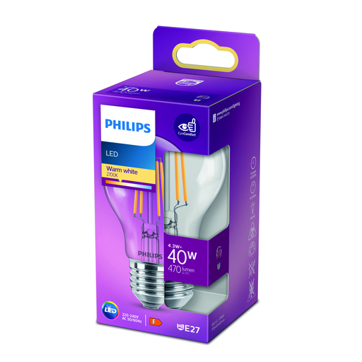 [8718699761998] PHILIPS Ampoule LED Standard E27 40W Blanc Chaud Claire Verre l'unité