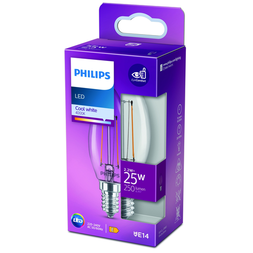 [8718699762131] PHILIPS Lâmpada LED E14 Vela Branco Frio 25W 1 unidade