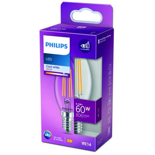 [8718699762216] PHILIPS LED Candle Bulb E14 60W Cool White Clear Glass per unit