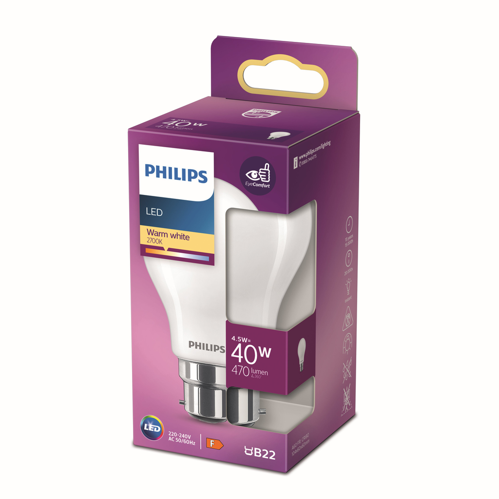 PHILIPS Ampoule LED Standard 40W B22 Blanc Chaud Verre Dépolie l'unité