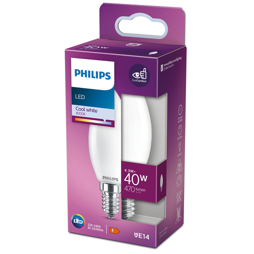 [8718699762650] PHILIPS Ampoule LED Flamme E14 40W Blanc Froid Dépolie Verre l'unité